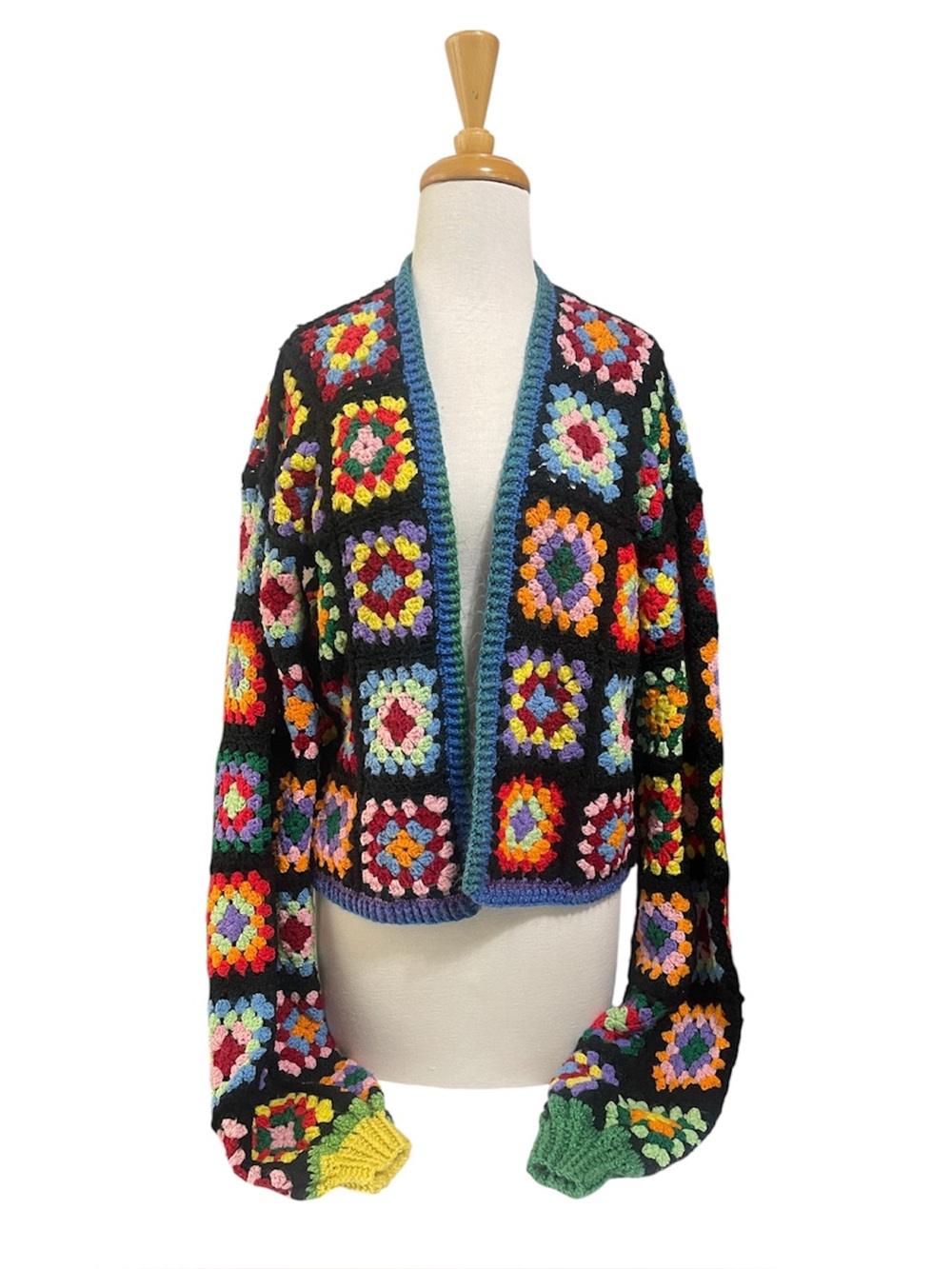 Handmade Repurposed Multicolor Crochet Granny Square Sweater Cardigan